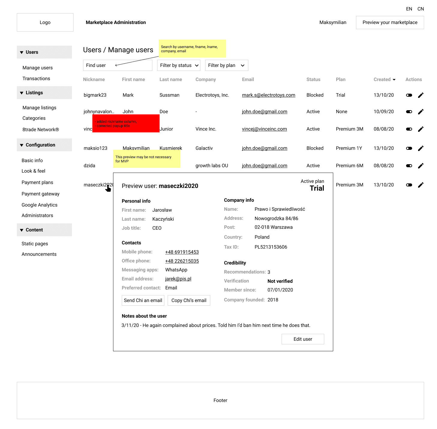 Low-fidelity wireframes